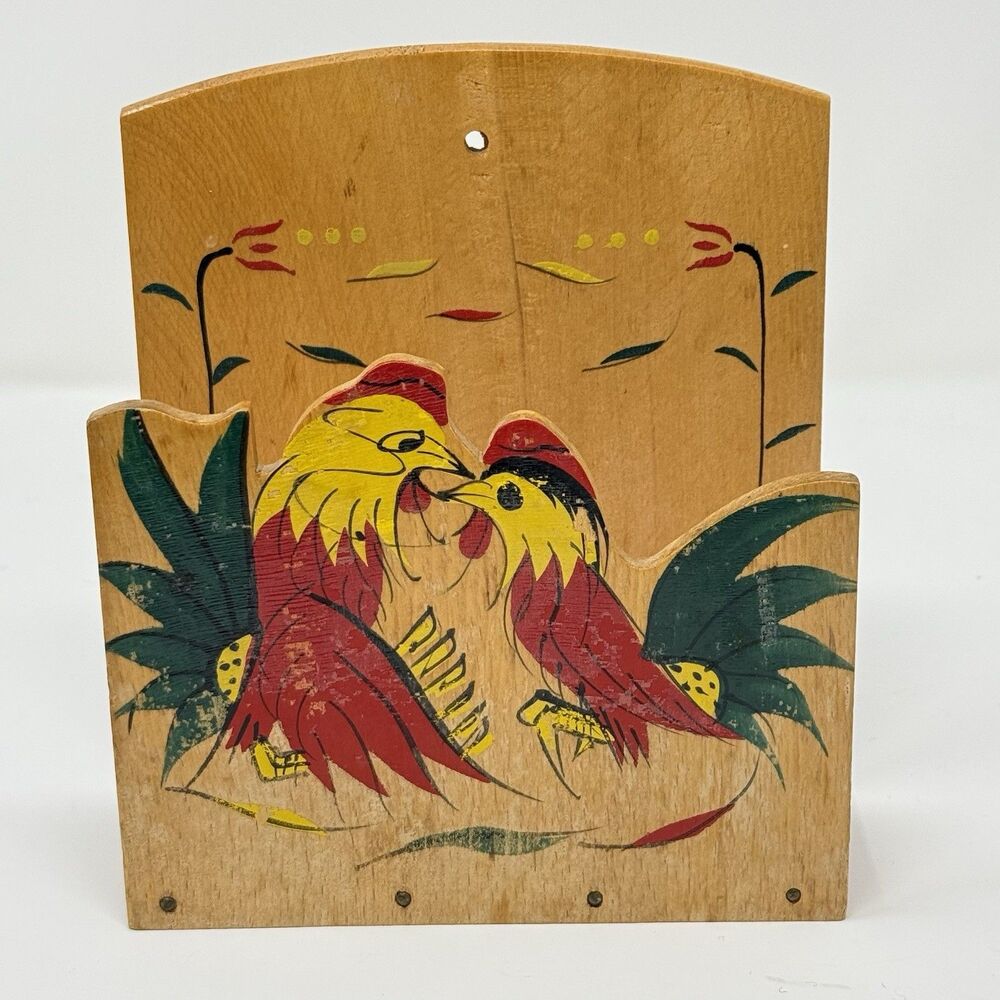 Vintage Hanging Wooden Napkin Letter Holder Fighting Roosters- Made In Japan